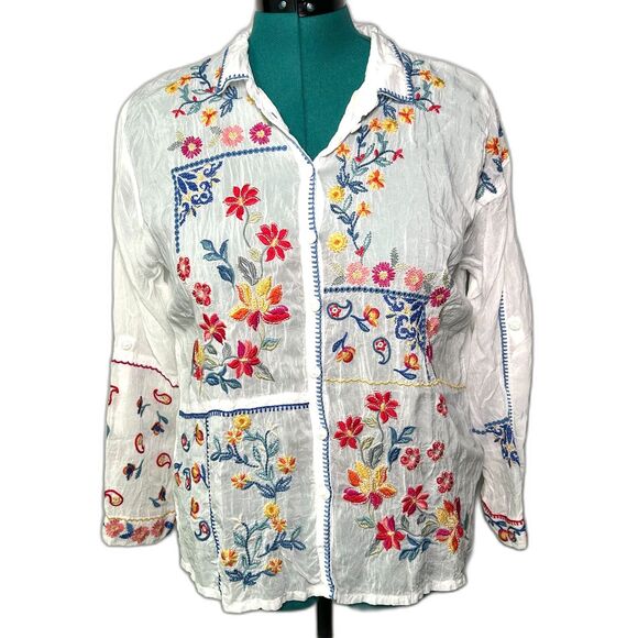 Johnny Was Zodea Almeria White Embroidered Button Front Top PL - Picture 2 of 13